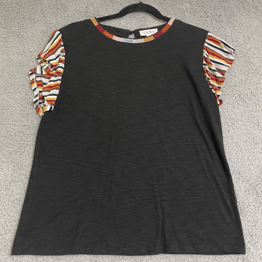 THML Anthropologie Women's Flutter Sleeves Top Embroidered Neck Casual Small